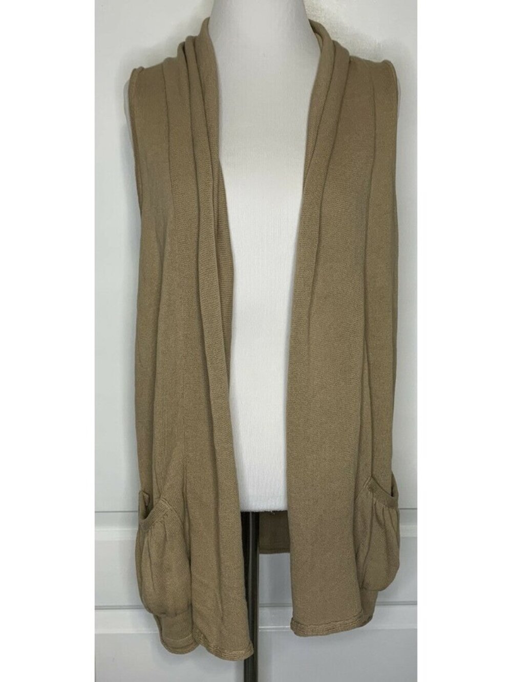 NY COLLECTION Tan Khaki Brown Fall Knit Open Front Cardigan Vest Sweater S